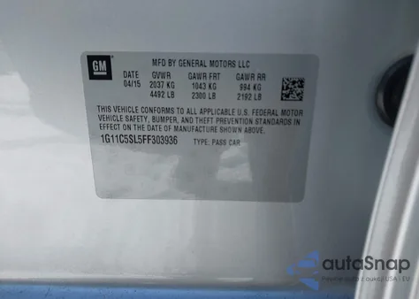 2015 Chevrolet Malibu 1Lt из США, поврежденный, VIN 1G11C5SL5FF303936